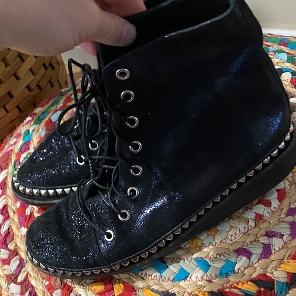 Calleen Cordero Navy Metallic Leather glitter Studded Women's Boots - Picture 5 of 7